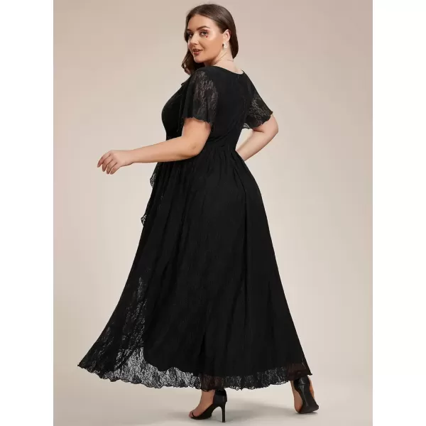 imageEverPretty Womens V Neck Ruffles Sleeves Pleated Loose Lace High Low Plus Size Formal Wedding Guest Dresses 01489DAPHBlack