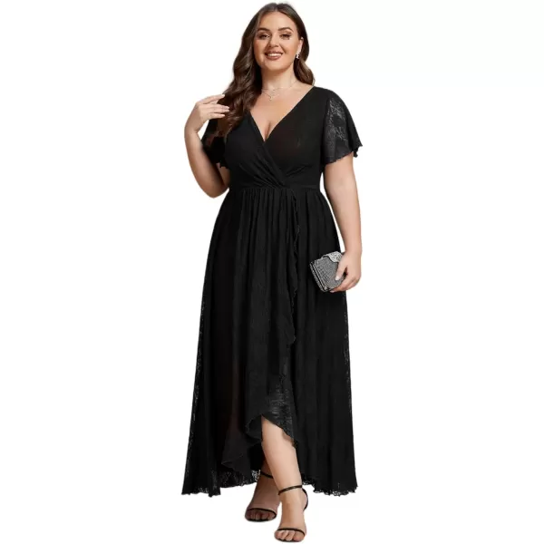 imageEverPretty Womens V Neck Ruffles Sleeves Pleated Loose Lace High Low Plus Size Formal Wedding Guest Dresses 01489DAPHBlack