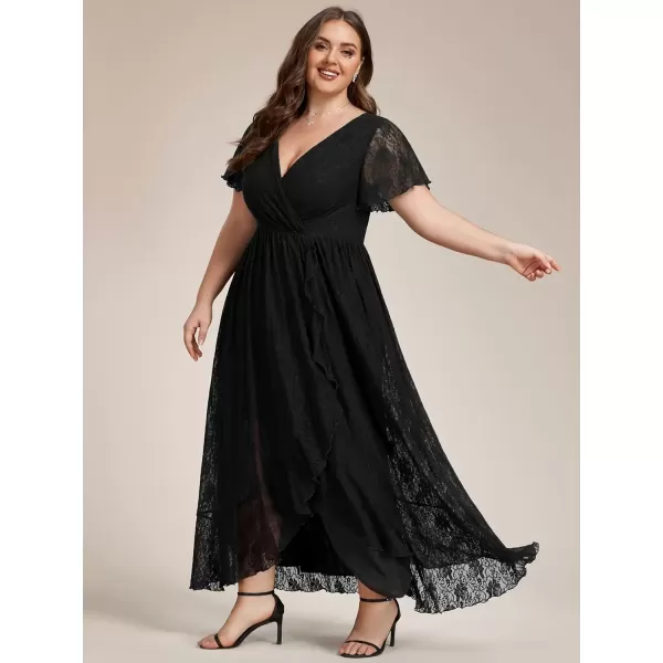 imageEverPretty Womens V Neck Ruffles Sleeves Pleated Loose Lace High Low Plus Size Formal Wedding Guest Dresses 01489DAPHBlack