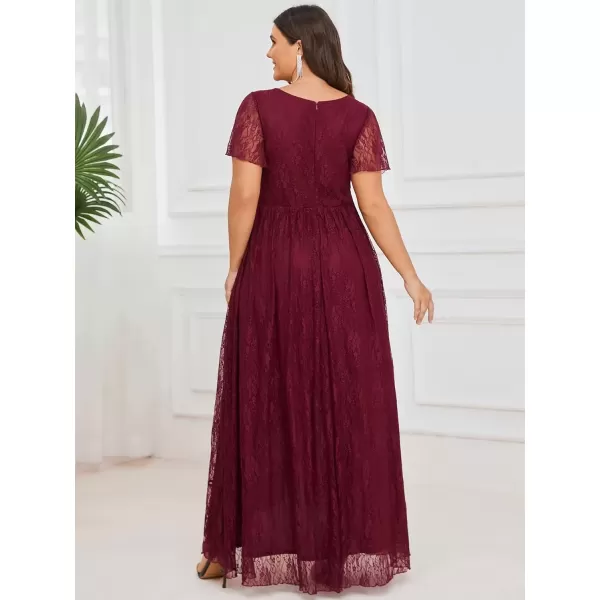 imageEverPretty Womens V Neck Ruffles Sleeves Pleated Loose Lace High Low Plus Size Formal Wedding Guest Dresses 01489DAPHBurgundy