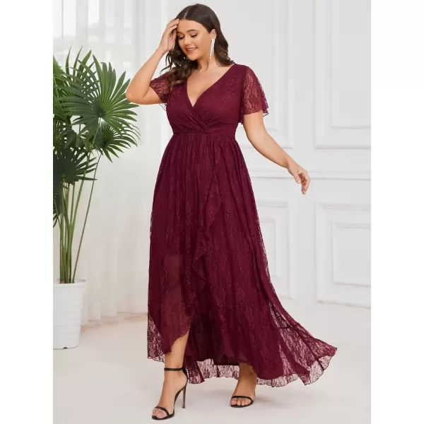 imageEverPretty Womens V Neck Ruffles Sleeves Pleated Loose Lace High Low Plus Size Formal Wedding Guest Dresses 01489DAPHBurgundy