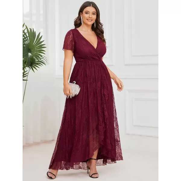 imageEverPretty Womens V Neck Ruffles Sleeves Pleated Loose Lace High Low Plus Size Formal Wedding Guest Dresses 01489DAPHBurgundy