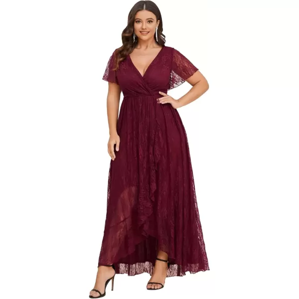 imageEverPretty Womens V Neck Ruffles Sleeves Pleated Loose Lace High Low Plus Size Formal Wedding Guest Dresses 01489DAPHBurgundy