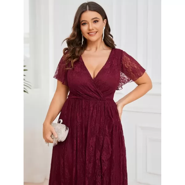 imageEverPretty Womens V Neck Ruffles Sleeves Pleated Loose Lace High Low Plus Size Formal Wedding Guest Dresses 01489DAPHBurgundy