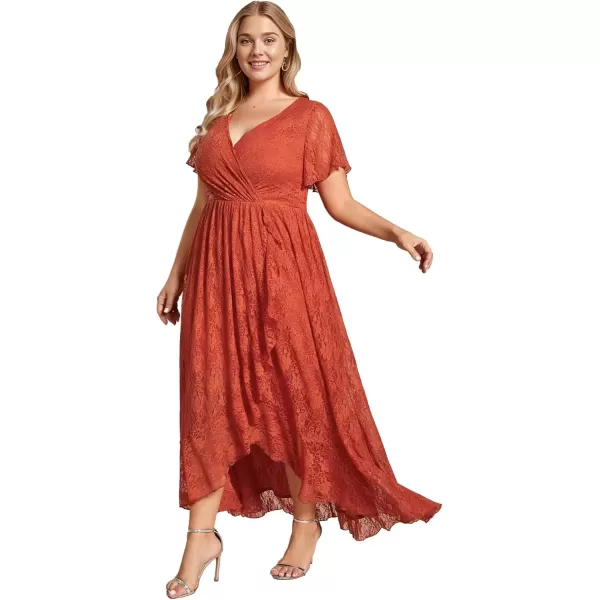 imageEverPretty Womens V Neck Ruffles Sleeves Pleated Loose Lace High Low Plus Size Formal Wedding Guest Dresses 01489DAPHBurnt Orange