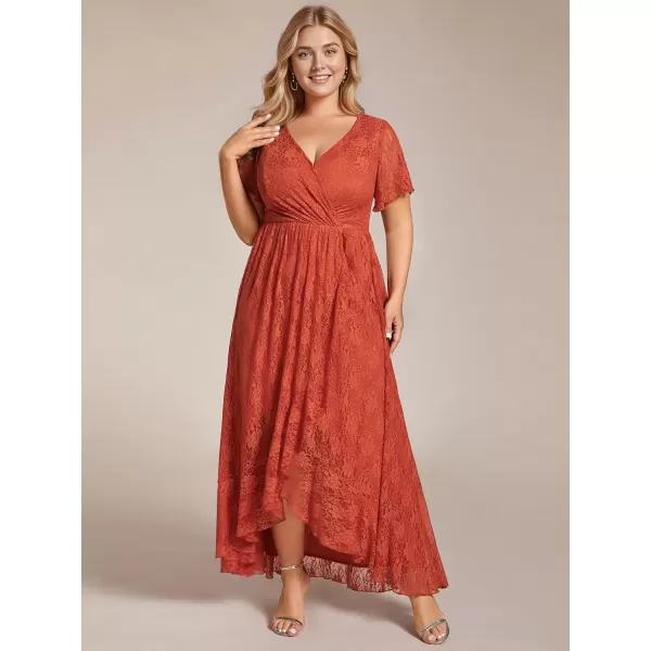 imageEverPretty Womens V Neck Ruffles Sleeves Pleated Loose Lace High Low Plus Size Formal Wedding Guest Dresses 01489DAPHBurnt Orange