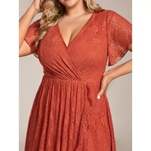 imageEverPretty Womens V Neck Ruffles Sleeves Pleated Loose Lace High Low Plus Size Formal Wedding Guest Dresses 01489DAPHBurnt Orange