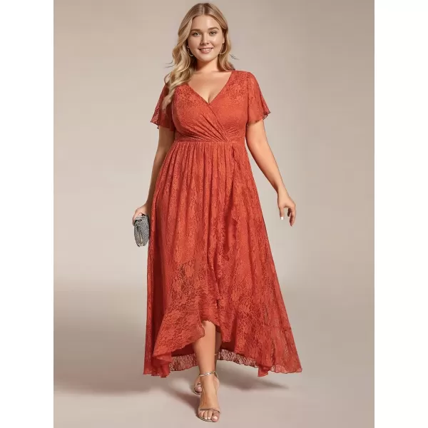 imageEverPretty Womens V Neck Ruffles Sleeves Pleated Loose Lace High Low Plus Size Formal Wedding Guest Dresses 01489DAPHBurnt Orange