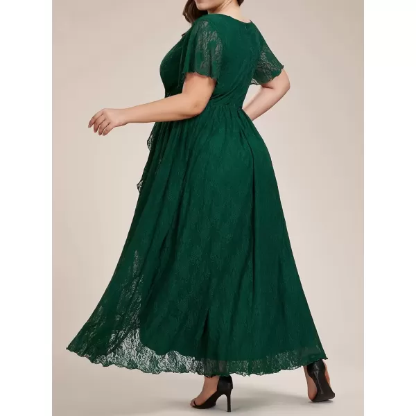 imageEverPretty Womens V Neck Ruffles Sleeves Pleated Loose Lace High Low Plus Size Formal Wedding Guest Dresses 01489DAPHDark Green