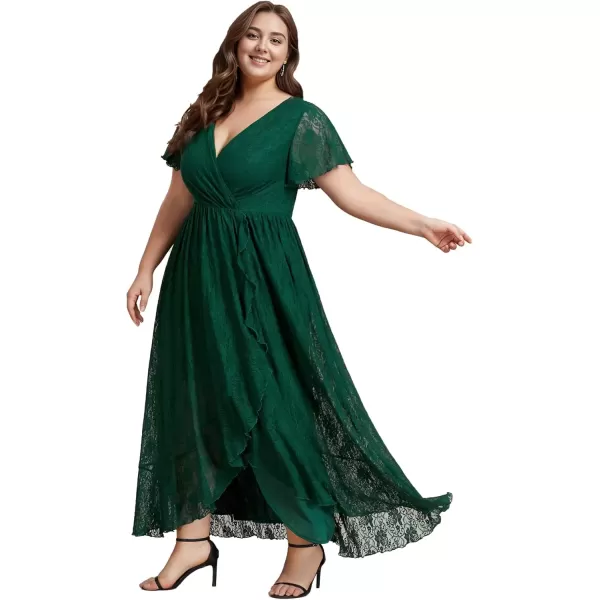 imageEverPretty Womens V Neck Ruffles Sleeves Pleated Loose Lace High Low Plus Size Formal Wedding Guest Dresses 01489DAPHDark Green