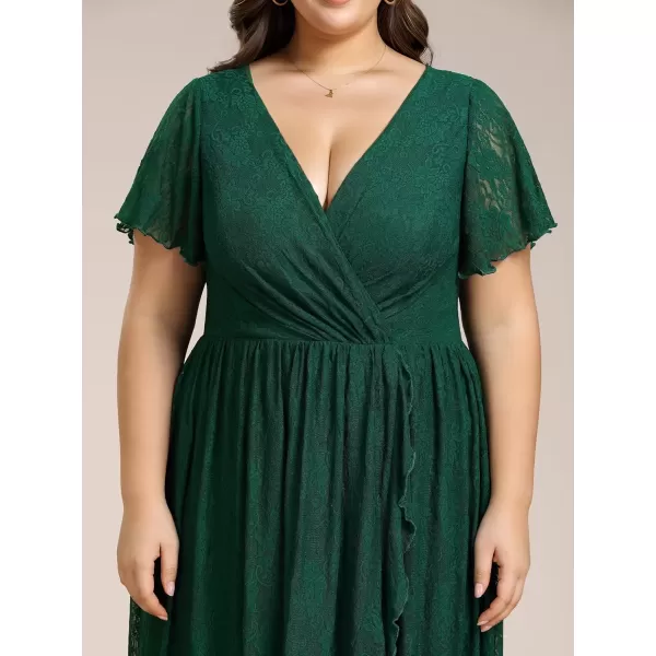 imageEverPretty Womens V Neck Ruffles Sleeves Pleated Loose Lace High Low Plus Size Formal Wedding Guest Dresses 01489DAPHDark Green