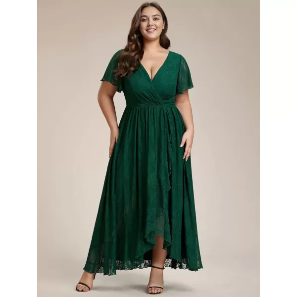 imageEverPretty Womens V Neck Ruffles Sleeves Pleated Loose Lace High Low Plus Size Formal Wedding Guest Dresses 01489DAPHDark Green