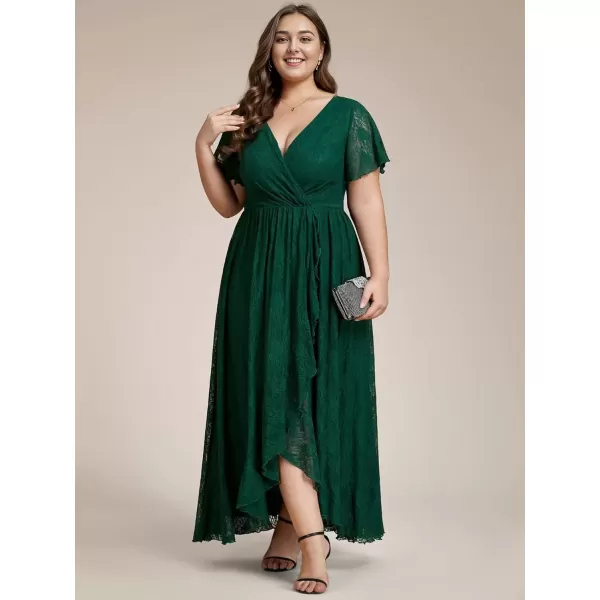 imageEverPretty Womens V Neck Ruffles Sleeves Pleated Loose Lace High Low Plus Size Formal Wedding Guest Dresses 01489DAPHDark Green