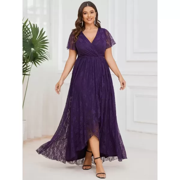 imageEverPretty Womens V Neck Ruffles Sleeves Pleated Loose Lace High Low Plus Size Formal Wedding Guest Dresses 01489DAPHDeep Purple