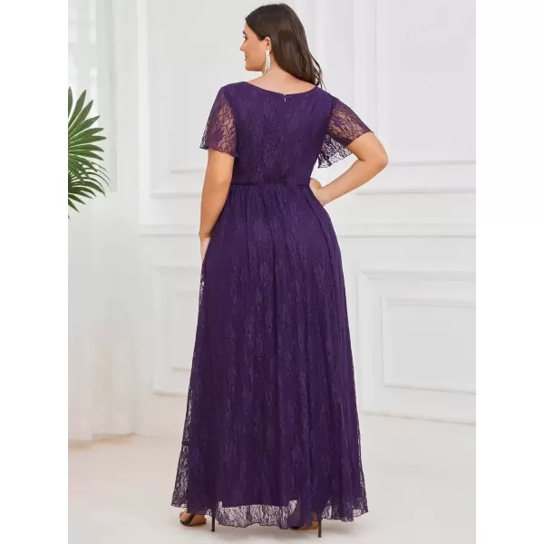 imageEverPretty Womens V Neck Ruffles Sleeves Pleated Loose Lace High Low Plus Size Formal Wedding Guest Dresses 01489DAPHDeep Purple