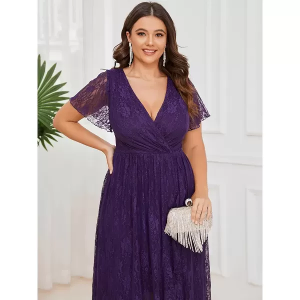 imageEverPretty Womens V Neck Ruffles Sleeves Pleated Loose Lace High Low Plus Size Formal Wedding Guest Dresses 01489DAPHDeep Purple