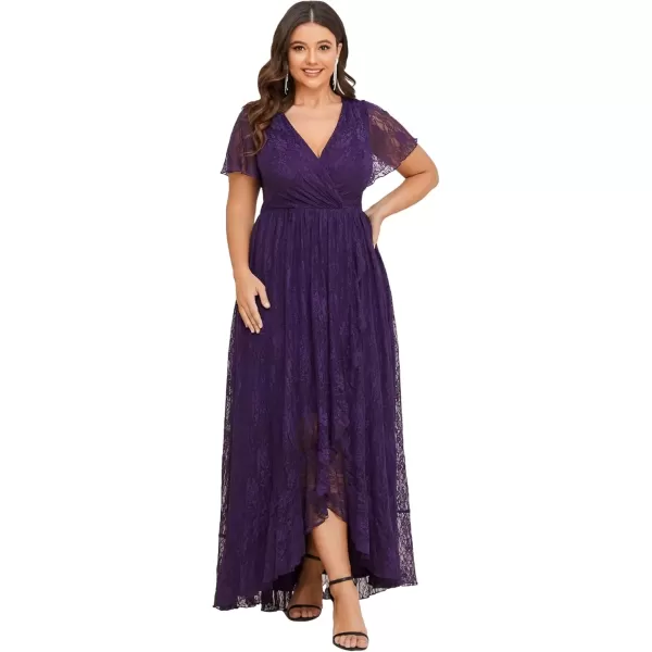 imageEverPretty Womens V Neck Ruffles Sleeves Pleated Loose Lace High Low Plus Size Formal Wedding Guest Dresses 01489DAPHDeep Purple