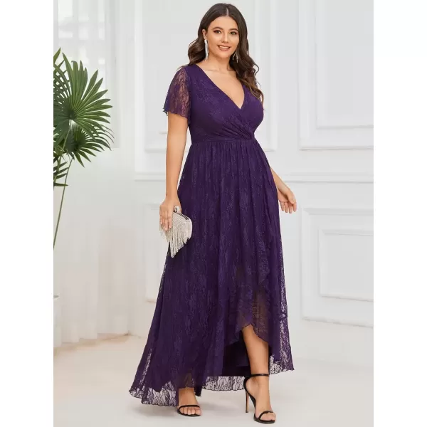 imageEverPretty Womens V Neck Ruffles Sleeves Pleated Loose Lace High Low Plus Size Formal Wedding Guest Dresses 01489DAPHDeep Purple