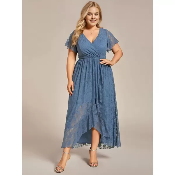 imageEverPretty Womens V Neck Ruffles Sleeves Pleated Loose Lace High Low Plus Size Formal Wedding Guest Dresses 01489DAPHDusty Navy