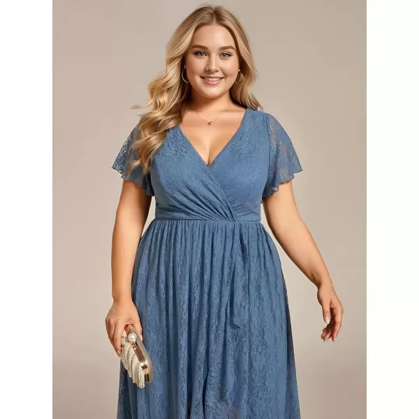 imageEverPretty Womens V Neck Ruffles Sleeves Pleated Loose Lace High Low Plus Size Formal Wedding Guest Dresses 01489DAPHDusty Navy