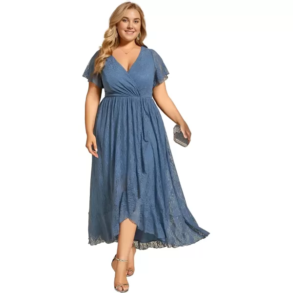 imageEverPretty Womens V Neck Ruffles Sleeves Pleated Loose Lace High Low Plus Size Formal Wedding Guest Dresses 01489DAPHDusty Navy