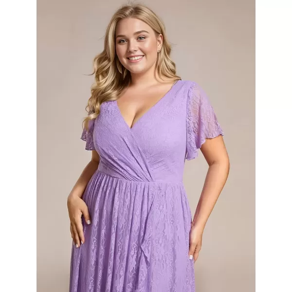 imageEverPretty Womens V Neck Ruffles Sleeves Pleated Loose Lace High Low Plus Size Formal Wedding Guest Dresses 01489DAPHLavender