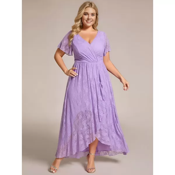 imageEverPretty Womens V Neck Ruffles Sleeves Pleated Loose Lace High Low Plus Size Formal Wedding Guest Dresses 01489DAPHLavender