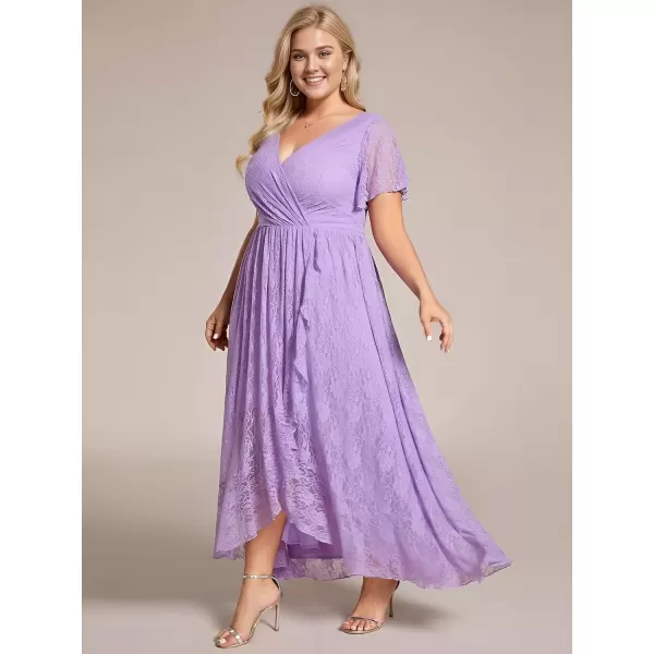 imageEverPretty Womens V Neck Ruffles Sleeves Pleated Loose Lace High Low Plus Size Formal Wedding Guest Dresses 01489DAPHLavender