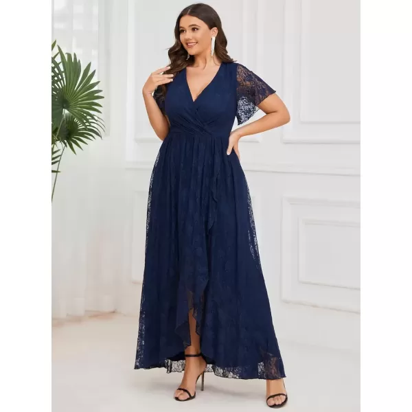 imageEverPretty Womens V Neck Ruffles Sleeves Pleated Loose Lace High Low Plus Size Formal Wedding Guest Dresses 01489DAPHNavy Blue