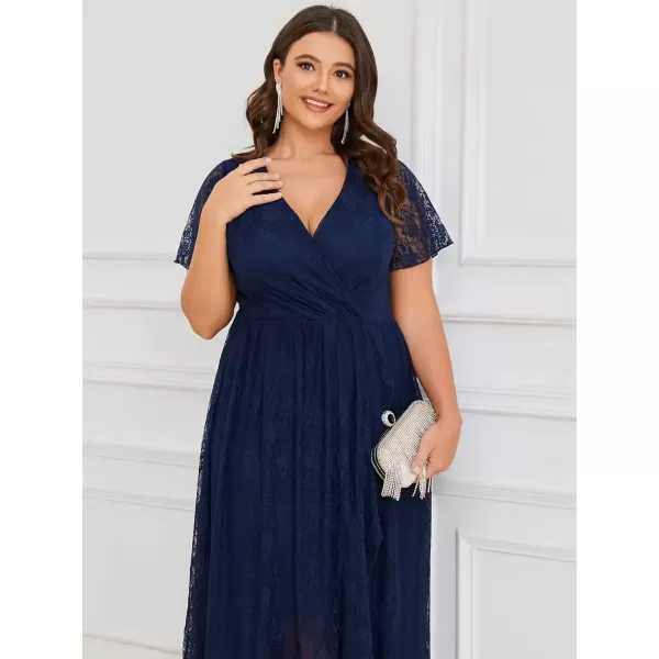 imageEverPretty Womens V Neck Ruffles Sleeves Pleated Loose Lace High Low Plus Size Formal Wedding Guest Dresses 01489DAPHNavy Blue