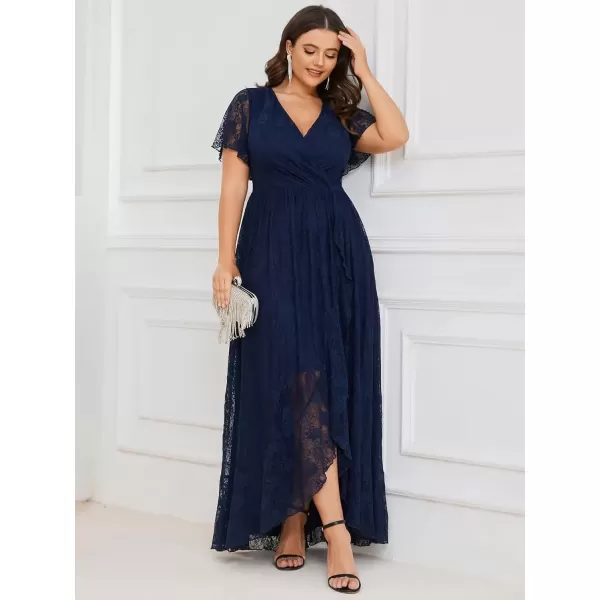 imageEverPretty Womens V Neck Ruffles Sleeves Pleated Loose Lace High Low Plus Size Formal Wedding Guest Dresses 01489DAPHNavy Blue