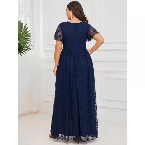 imageEverPretty Womens V Neck Ruffles Sleeves Pleated Loose Lace High Low Plus Size Formal Wedding Guest Dresses 01489DAPHNavy Blue