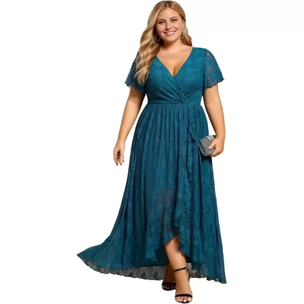 imageEverPretty Womens V Neck Ruffles Sleeves Pleated Loose Lace High Low Plus Size Formal Wedding Guest Dresses 01489DAPHTeal