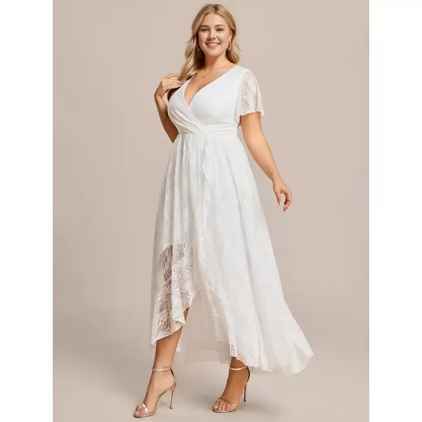 imageEverPretty Womens V Neck Ruffles Sleeves Pleated Loose Lace High Low Plus Size Formal Wedding Guest Dresses 01489DAPHWhite