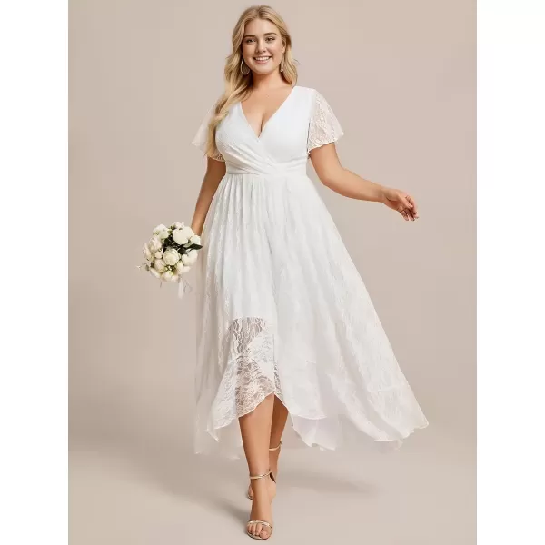 imageEverPretty Womens V Neck Ruffles Sleeves Pleated Loose Lace High Low Plus Size Formal Wedding Guest Dresses 01489DAPHWhite