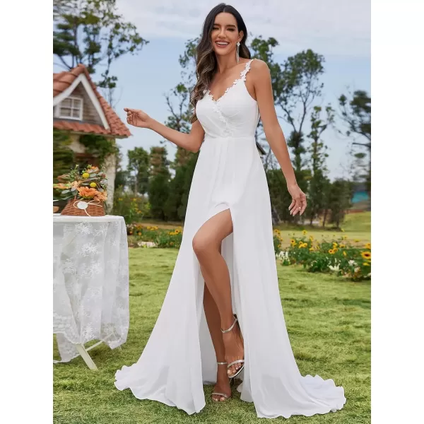 imageEverPretty Womens V Neck Sleeveless Applique Split A Line Floor Length Wedding Dress 02082White