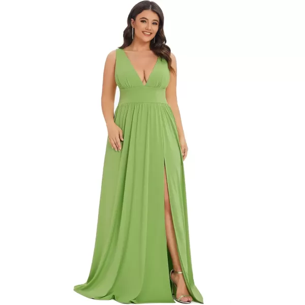 imageEverPretty Summer Maxi High Slit Pleated Sleeveless Plus Size Formal Dresses for Curvy Women 0168BDA1Avocado Green