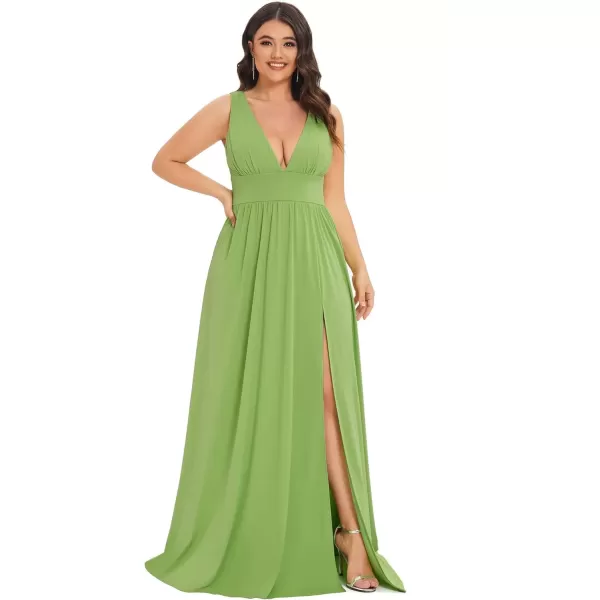 imageEverPretty Summer Maxi High Slit Pleated Sleeveless Plus Size Formal Dresses for Curvy Women 0168BDA1Avocado Green