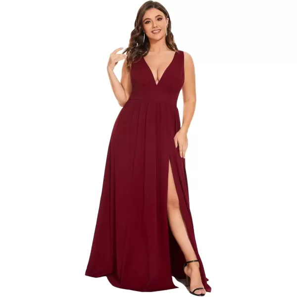 imageEverPretty Summer Maxi High Slit Pleated Sleeveless Plus Size Formal Dresses for Curvy Women 0168BDA1Burgundy