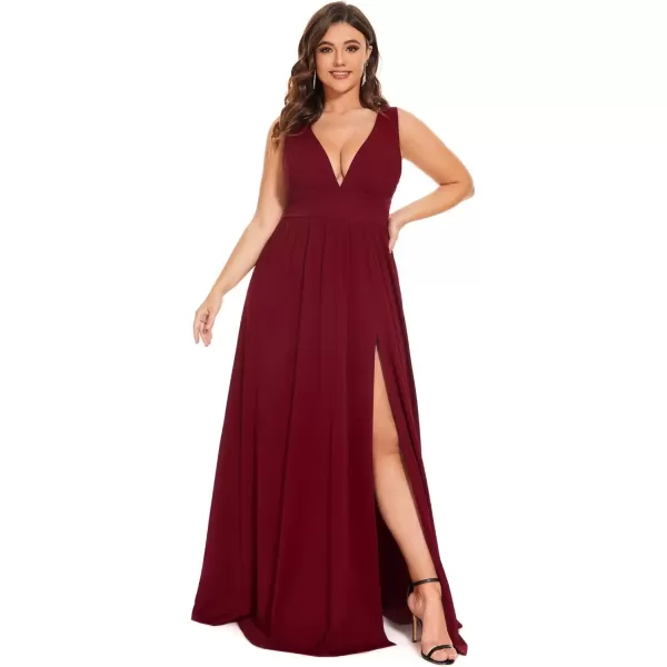 imageEverPretty Summer Maxi High Slit Pleated Sleeveless Plus Size Formal Dresses for Curvy Women 0168BDA1Burgundy