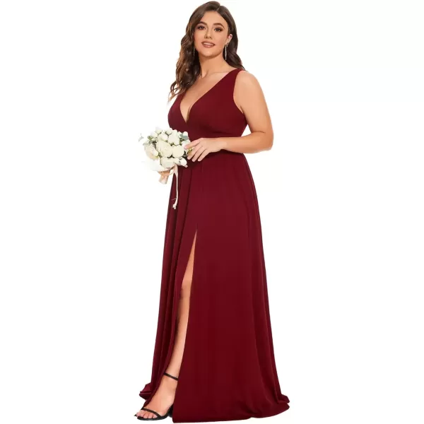 imageEverPretty Summer Maxi High Slit Pleated Sleeveless Plus Size Formal Dresses for Curvy Women 0168BDA1Burgundy