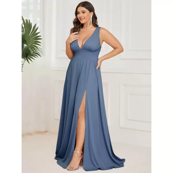 imageEverPretty Summer Maxi High Slit Pleated Sleeveless Plus Size Formal Dresses for Curvy Women 0168BDA1Dusty Navy