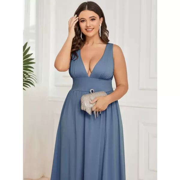 imageEverPretty Summer Maxi High Slit Pleated Sleeveless Plus Size Formal Dresses for Curvy Women 0168BDA1Dusty Navy