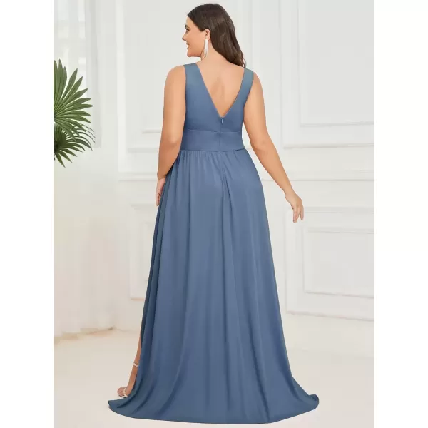 imageEverPretty Summer Maxi High Slit Pleated Sleeveless Plus Size Formal Dresses for Curvy Women 0168BDA1Dusty Navy