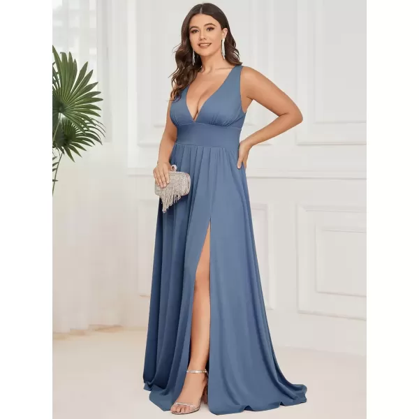 imageEverPretty Summer Maxi High Slit Pleated Sleeveless Plus Size Formal Dresses for Curvy Women 0168BDA1Dusty Navy