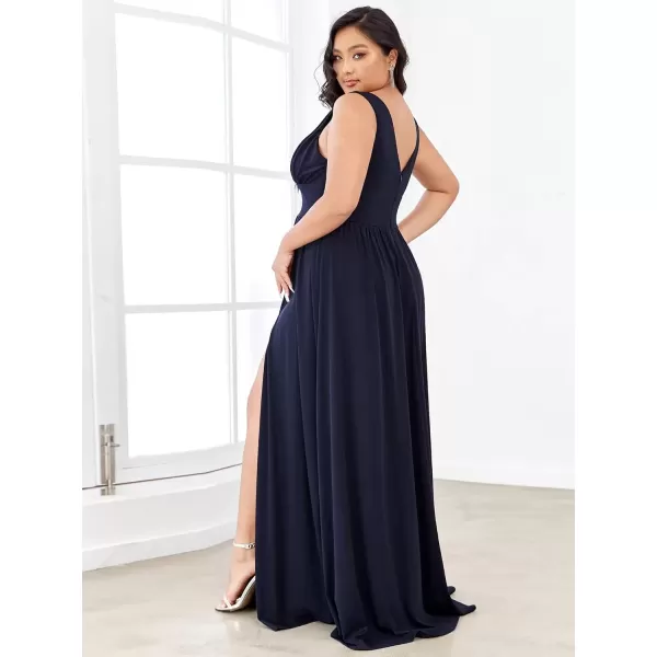 imageEverPretty Summer Maxi High Slit Pleated Sleeveless Plus Size Formal Dresses for Curvy Women 0168BDA1Navy Blue