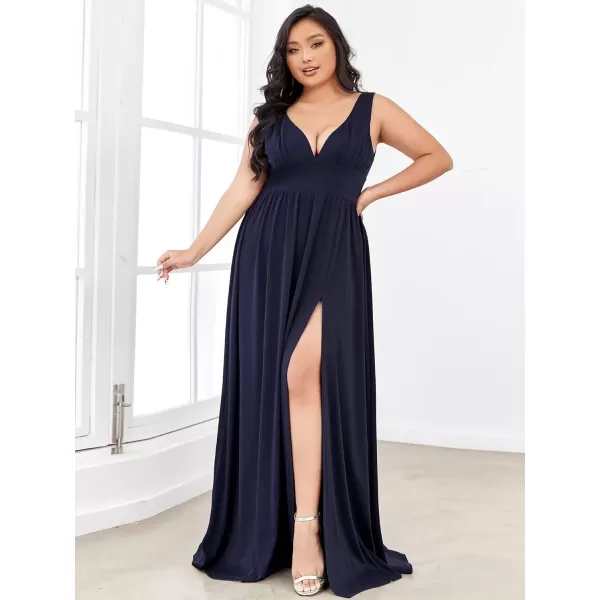 imageEverPretty Summer Maxi High Slit Pleated Sleeveless Plus Size Formal Dresses for Curvy Women 0168BDA1Navy Blue