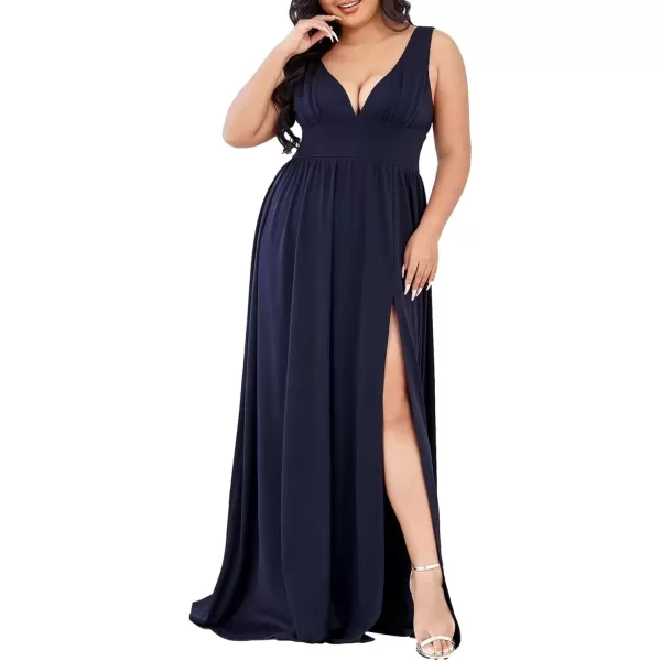 imageEverPretty Summer Maxi High Slit Pleated Sleeveless Plus Size Formal Dresses for Curvy Women 0168BDA1Navy Blue