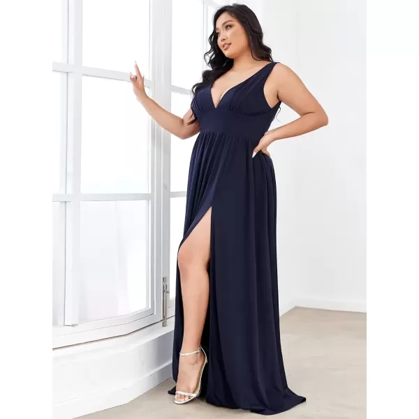 imageEverPretty Summer Maxi High Slit Pleated Sleeveless Plus Size Formal Dresses for Curvy Women 0168BDA1Navy Blue