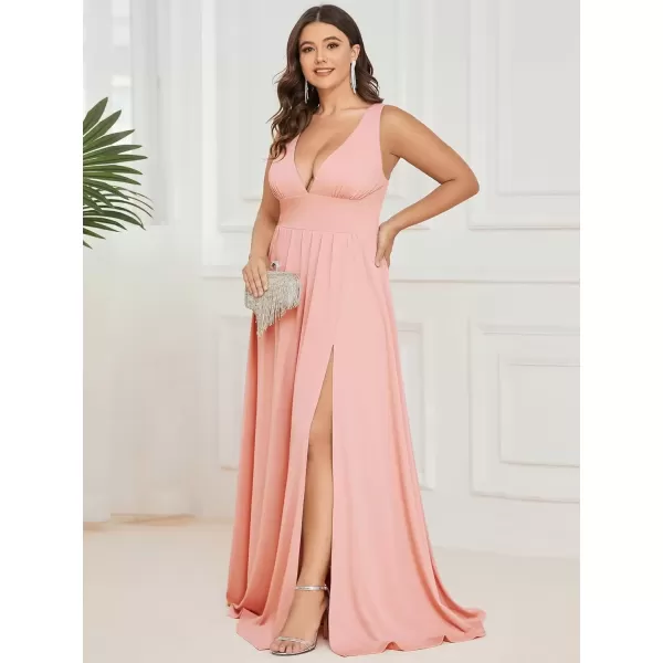 imageEverPretty Summer Maxi High Slit Pleated Sleeveless Plus Size Formal Dresses for Curvy Women 0168BDA1Pink